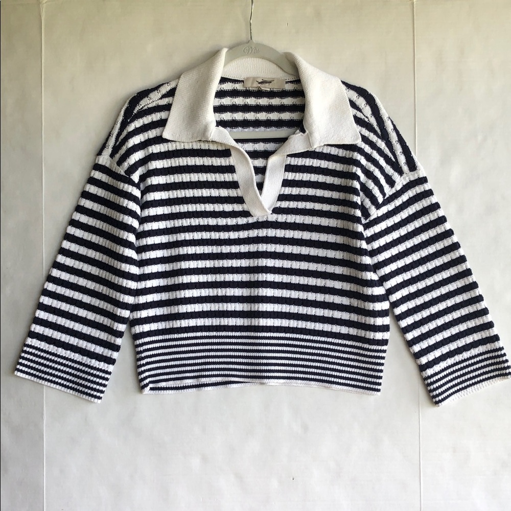 Cropped Striped Cotton Blend Sweater Navy/White Nautical Loft Size M